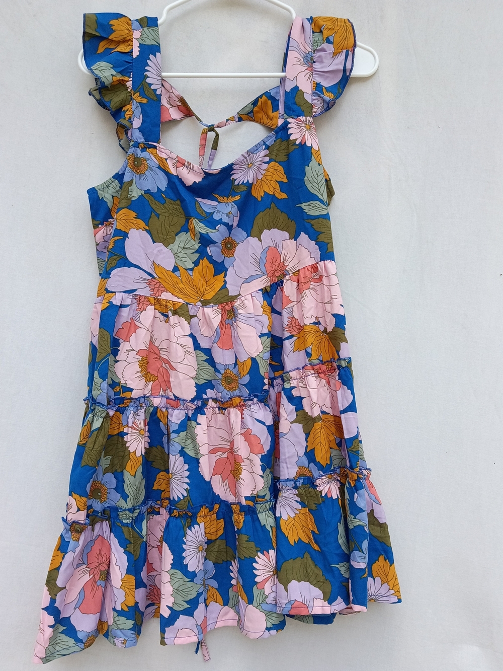 Bog Collective Floral Tiered Mini Dress W Ruffle & Tie Back in Blue & Pink